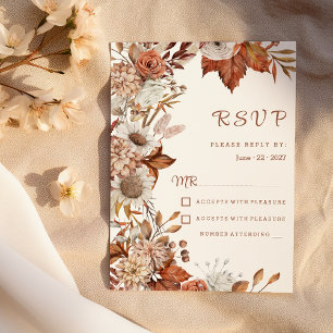 Invitation Brown blanc orange automne floral rustique RSVP