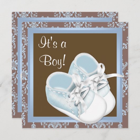 Invitation Brown Blue Damask Chaussures bébé garçon douche (Devant / Derrière)