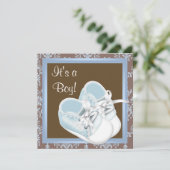 Invitation Brown Blue Damask Chaussures bébé garçon douche (Debout devant)