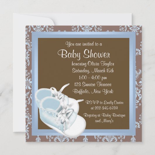 Invitation Brown Blue Damask Chaussures bébé garçon douche (Dos)