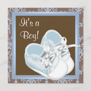 Invitation Brown Blue Damask Chaussures bébé garçon douche