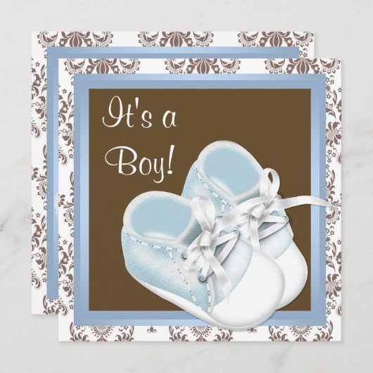 Invitation Brown Blue Damask Chaussures bébé garçon douche (Devant / Derrière)