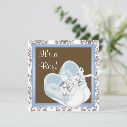 Invitation Brown Blue Damask Chaussures bébé garçon douche (Debout devant)