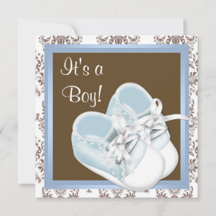 Invitation Brown Blue Damask Chaussures bébé garçon douche