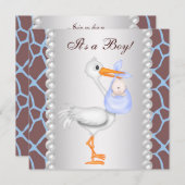 Invitation Brown Blue Giraffe Stork bébé garçon douche (Devant / Derrière)