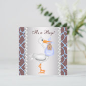 Invitation Brown Blue Giraffe Stork bébé garçon douche (Debout devant)