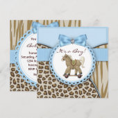 Invitation Brown Blue Rocking Horse Baby Boy Douche (Devant / Derrière)