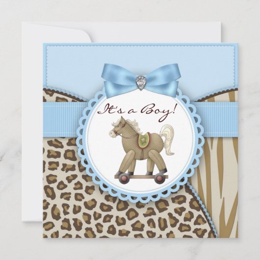 Invitation Brown Blue Rocking Horse Baby Boy Douche (Devant)