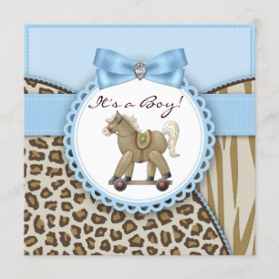 Invitation Brown Blue Rocking Horse Baby Boy Douche