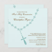 Invitation Brown Blue Rosary First Holy Communion (Devant / Derrière)