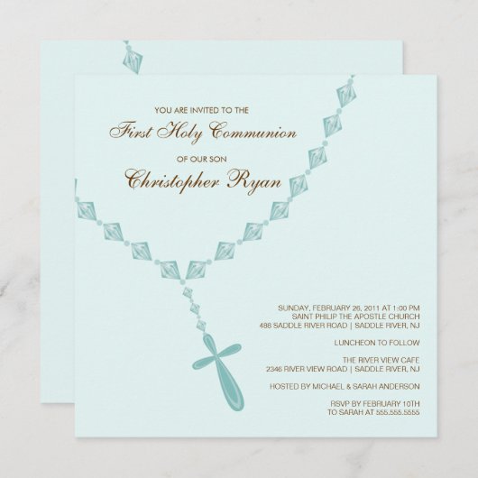 Invitation Brown Blue Rosary First Holy Communion (Devant / Derrière)