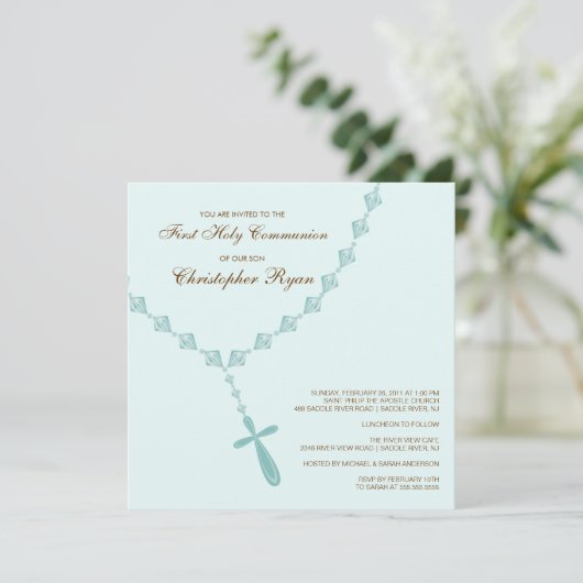 Invitation Brown Blue Rosary First Holy Communion (Debout devant)