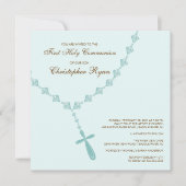 Invitation Brown Blue Rosary First Holy Communion (Devant)