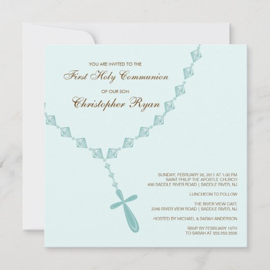 Invitation Brown Blue Rosary First Holy Communion (Devant)