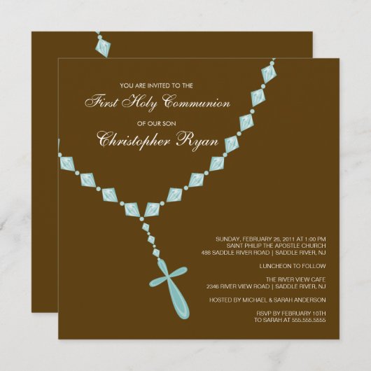 Invitation Brown Blue Rosary First Holy Communion (Devant / Derrière)