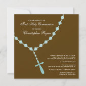 Invitation Brown Blue Rosary First Holy Communion (Devant)