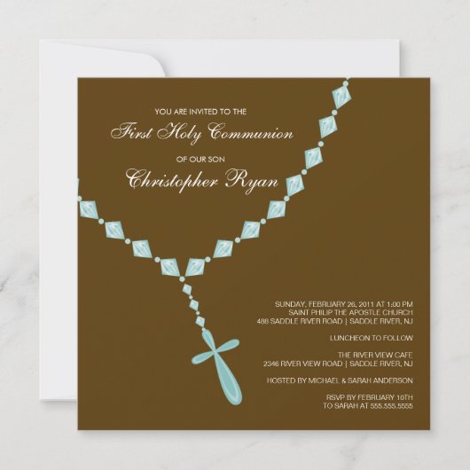 Invitation Brown Blue Rosary First Holy Communion (Devant)