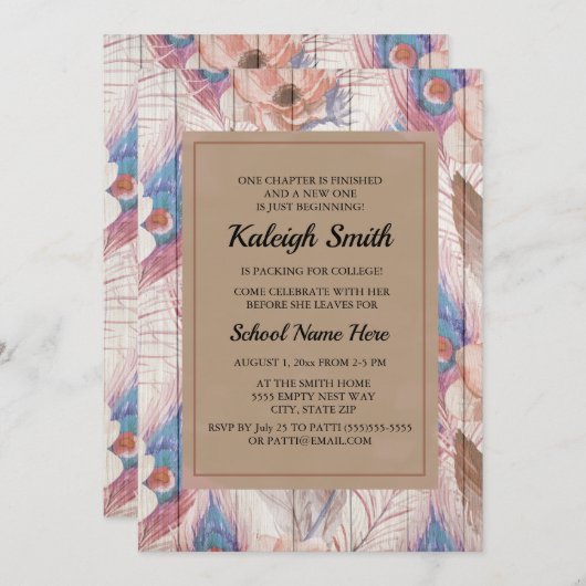 Invitation Brown Boho rose Floral et Rustique Bois Trunk Part (Devant / Derrière)