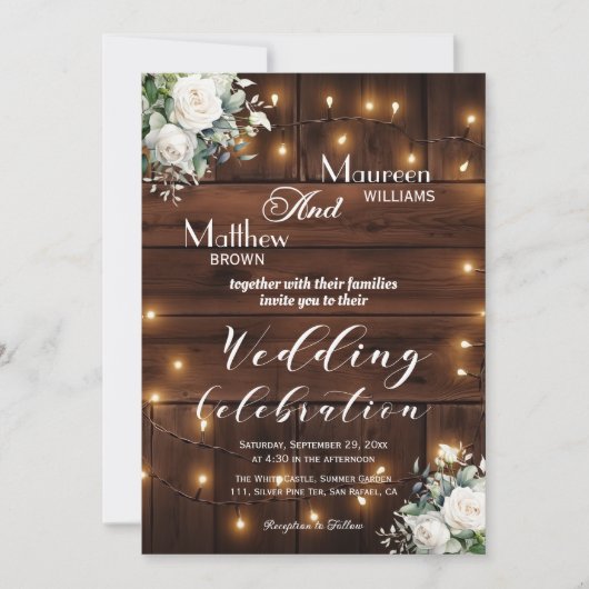 Invitation Brown Bois Chaîne Lumières Roses blanches Mariage (Devant)