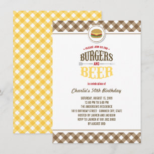 Invitation Brown Checks Burgers & Beer Fête d'anniversaire d'