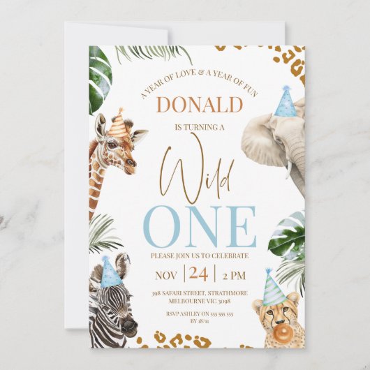 Invitation Brown Cheetah Safari Animaux sauvages Un 1er anniv (Devant)