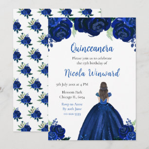 Invitation Brown Cheveux Princess Marine Floral Quinceanera