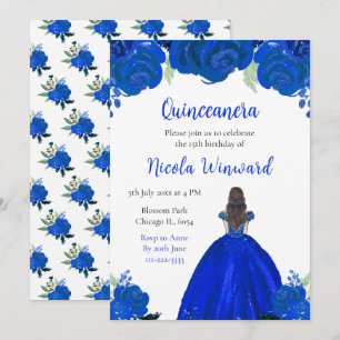 Invitation Brown Cheveux Princesse Bleue Florale Quinceanera