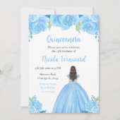 Invitation Brown Cheveux Princesse Bleue Florale Quinceanera (Devant)