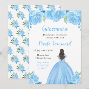 Invitation Brown Cheveux Princesse Bleue Florale Quinceanera