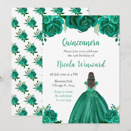 Invitation Brown Cheveux Princesse Green Floral Quinceanera (Devant / Derrière)