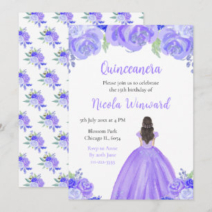 Invitation Brown Cheveux Princesse Violet Floral Quinceanera