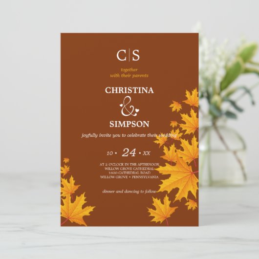 Invitation Brown Classique automne érable feuille mariage (Debout devant)