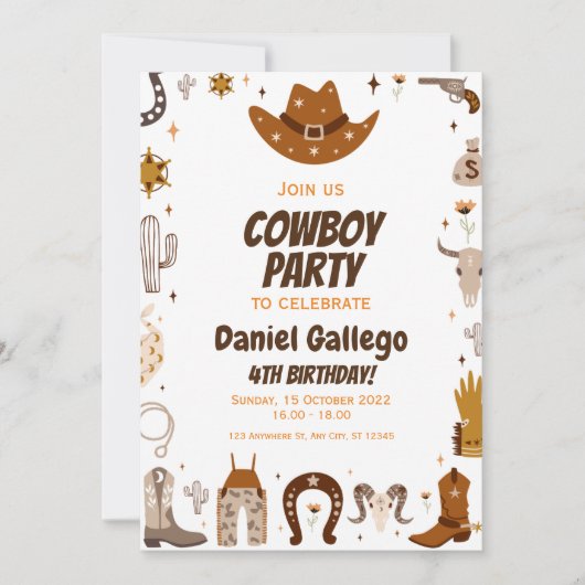 Invitation Brown Cute Cowboy fête d'anniversaire (Devant)
