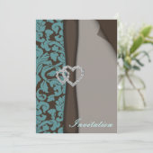 Invitation Brown Damask FAUX ruban diamante conception (Debout devant)