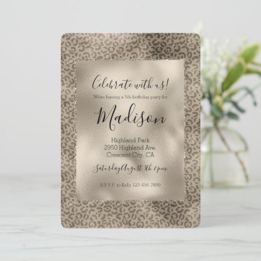 Invitation Brown Empreinte de léopard Gold Glitz (Debout devant)
