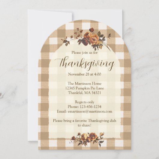 Invitation Brown En vichy Automne Florals Arch Thanksgiving (Devant)
