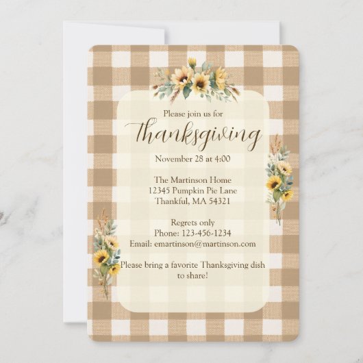 Invitation Brown En vichy Automne Tournesols Thanksgiving (Devant)