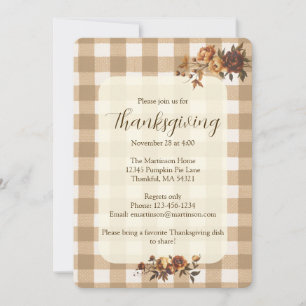 Invitation Brown En vichy Flores d'automne Thanksgiving