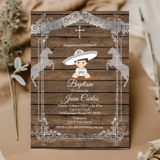 Invitation Brown et Argent mexicain Baptême Charro