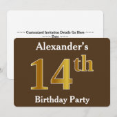 Invitation Brown, Faux Gold 14e fête d'anniversaire; Nom pers (Devant / Derrière)