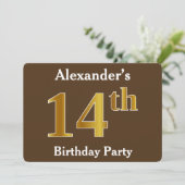 Invitation Brown, Faux Gold 14e fête d'anniversaire; Nom pers (Debout devant)