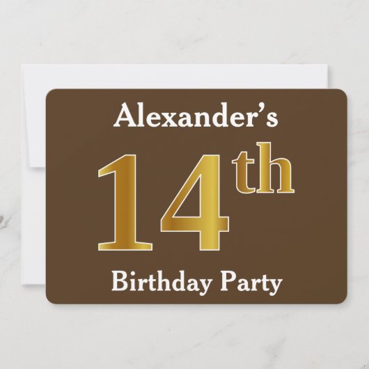 Invitation Brown, Faux Gold 14e fête d'anniversaire; Nom pers (Devant)