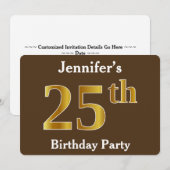 Invitation Brown, Faux Gold 25th Birthday Party; Nom personna (Devant / Derrière)