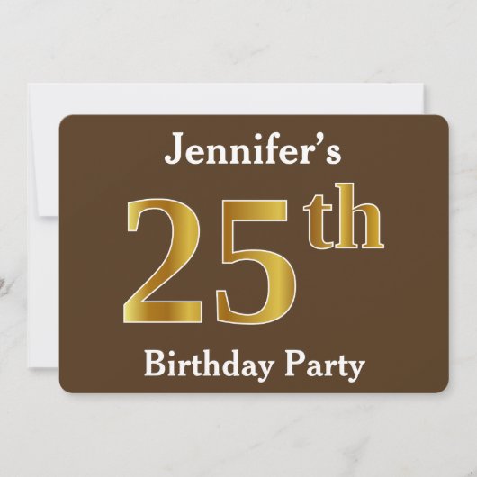 Invitation Brown, Faux Gold 25th Birthday Party; Nom personna (Devant)