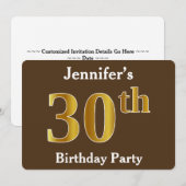 Invitation Brown, Faux Gold 30th Birthday Party; Nom personna (Devant / Derrière)