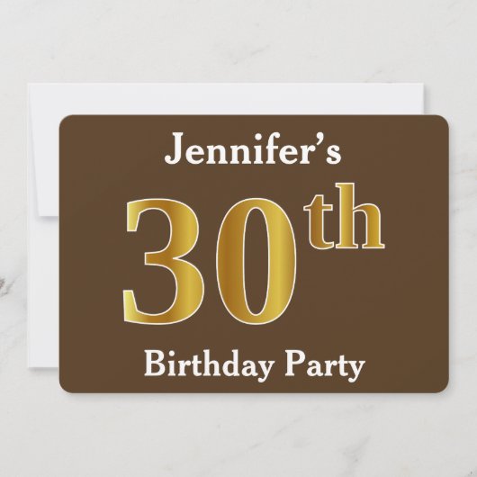 Invitation Brown, Faux Gold 30th Birthday Party; Nom personna (Devant)