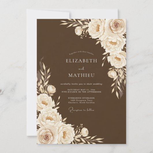 Invitation Brown Floral Romance Wedding (Devant)