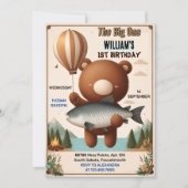 Invitation Brown Fun Fish Boy Cute Baby Bear 1er anniversaire (Devant)