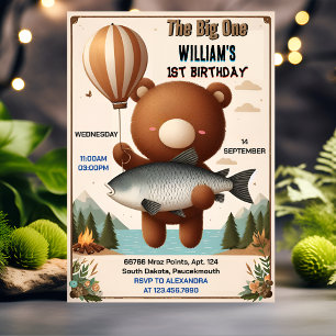 Invitation Brown Fun Fish Boy Cute Baby Bear 1er anniversaire