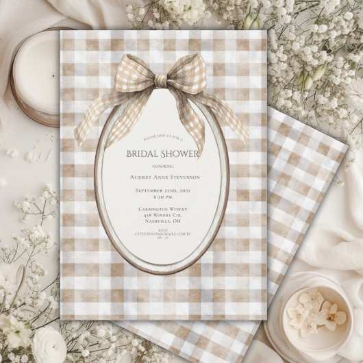 Invitation Brown Gingham Bow Frame Vintage Bridal Shower